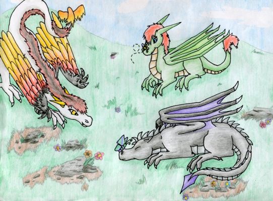 Click to view full size image
 ============== 
Just a normal day By RoseyRed-1 (http://roseyred-1.deviantart.com/)
My dragons Kora and Rashau hanging out with my mates dragon Skyla, drawn by the artist RoseyRed-1 over on Deviant Art.<br />
Keywords: RoseyRed-1, Jafira, Kora, Skyla,