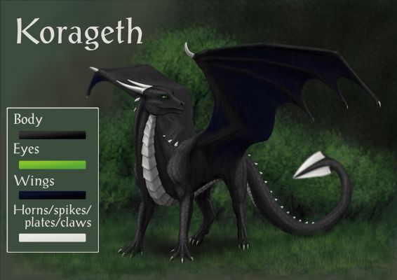 Click to view full size image
 ============== 
Korageth Reference Sheet by Kalia24 on DA: (http://kalia24.deviantart.com/)
Keywords: Korageth, Commission, Kalia24