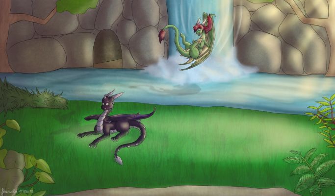 Click to view full size image
 ============== 
Waterbomb -Kora and Rashau commissioned by my Favorite artist Floravora ( http://floravola.deviantart.com/ ) 
Keywords: Waterbomb, Korageth, Rashau, Dragons, Commission, Floravora, Furaffinity, Deviantart